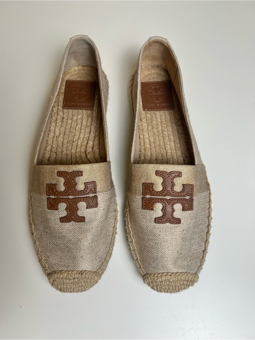 Tory Burch Weston Espadrille Flats Metallic Linen with Brown Leather Logo Size 8